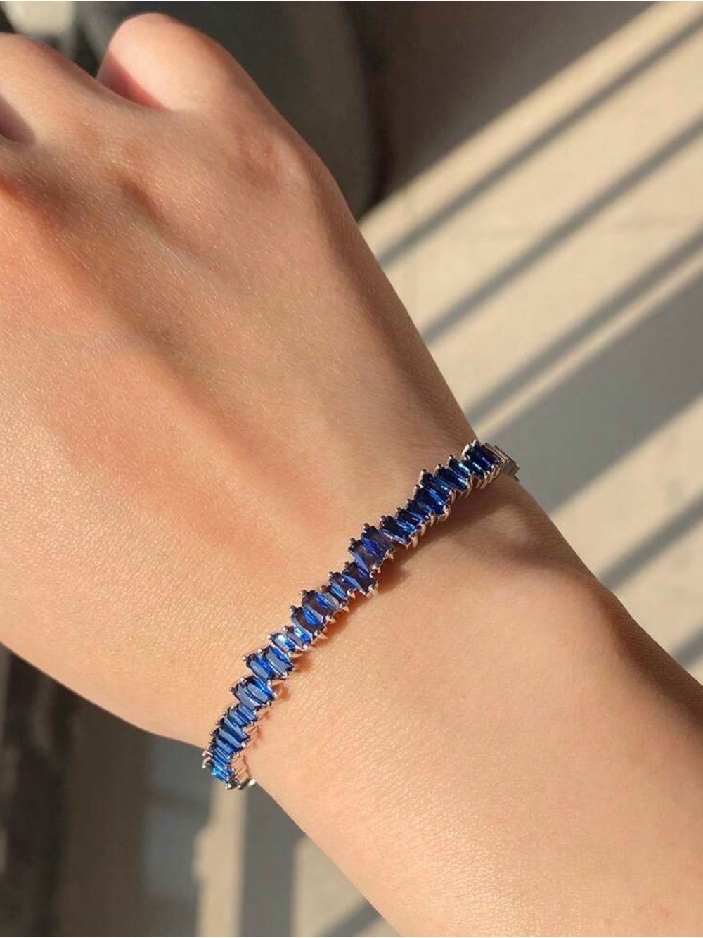 Sapphire-Blue Zirconia Crystal Bracelet in Silver Tone.For party wedding
